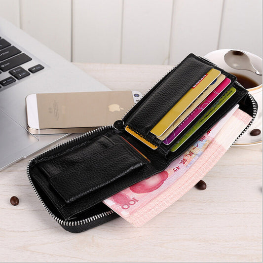 9039 Short Wallet Men's Genuine Leather Wallet Crazy Horse Leather 80% off Wallet Card Holder Black Zipper Coin Wallet