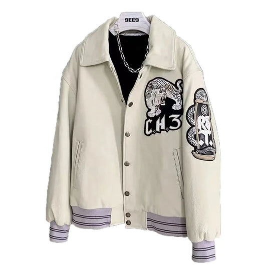 High Quality Embroidered Black White Thick Sheep Skin Capless Coats Tiger Pattern Casual Sport Aviator Men Real Leather Jackets