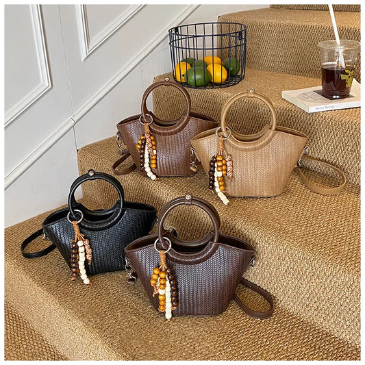 HotSale Small Satchel Bag Bead Charm Accent Vintage Hardware Detachable Strap PU Leather Date Night Elegant Handbag