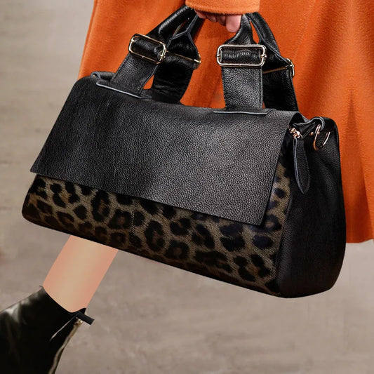 New Stylish Leopard Print Genuine Leather Large Capacity Tote Bag, Soft Leather Women's Handbag & Crossbody Bag