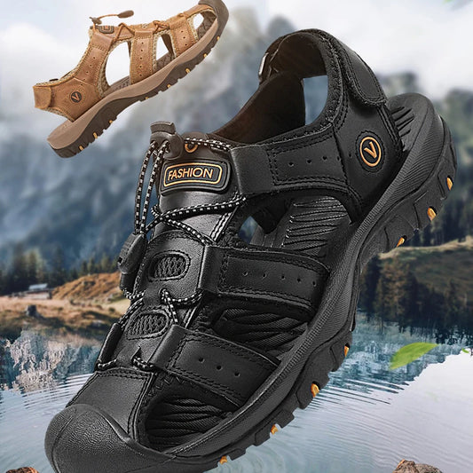 Genuine Leather Upper Extra Size Men's Outdoor Trail Hiking Walking Sandals Summer Sports Beach Shoes for Men