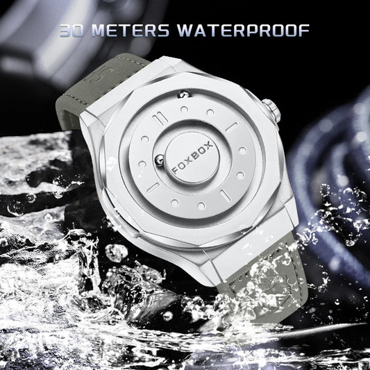 For FB0091 43mm Dial Gray Leather Men's Cartoon Simple Magnetic Levitation Watch with 3D Floating Ball Waterproof Gift Box