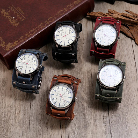Hot Selling Popular Accessories Retro Genuine Leather Watch Band Personality Men's Punk Quartz Watch Bracelet
