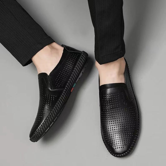 Genuine Leather Cowhide Men's Breathable Deodorant Summer Extraordinary Size Slip-on Men's Casual Leather Shoes Soft Leather Peas Men's Shoes