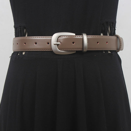 French simple all-match Belt Women's distressed silver buckle two-layer cowhide belt with mop pants jeans shorts New