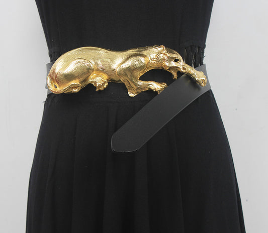 Original design heavy exquisite carved antique leopard delicate domineering top layer leather belt female decoration