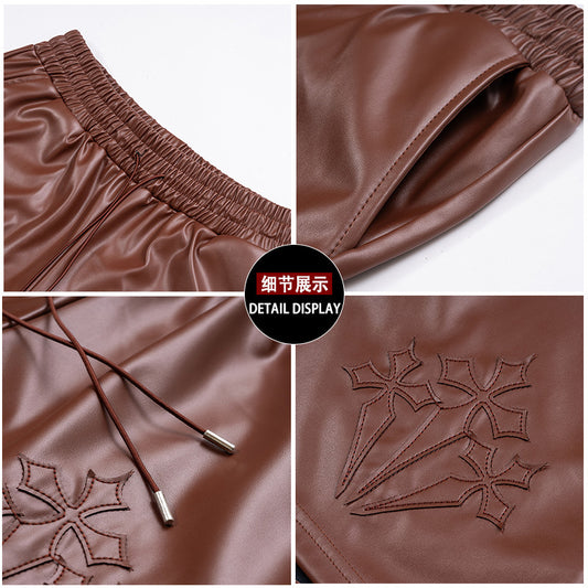 300g Eco-friendly PU Leather American Style Vintage Men's Foil Leather Embroidered Leather Shorts Loose Casual All-match Fashion Leather Pants