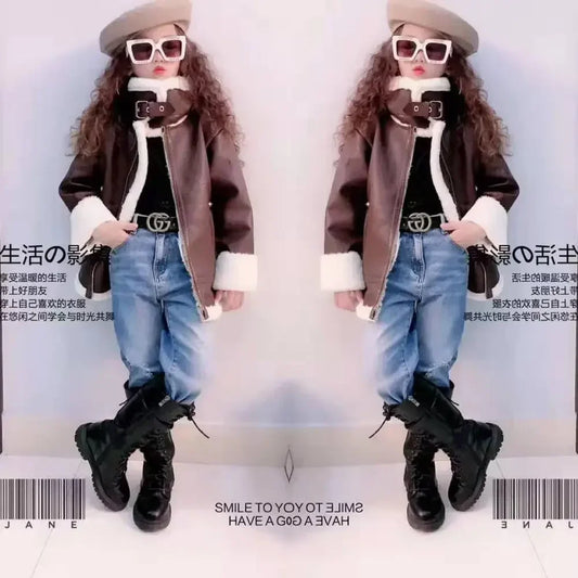 2024 Girls Jacket Leather Motorcycle Kids Coats Fleece Children Jacket Winter Autumn