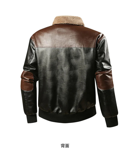 Men Vintage Color Block Leather Jacket Fleece Fur Collar Zip Up Retro Casual Coat Outdoor Streetwear Plus Size