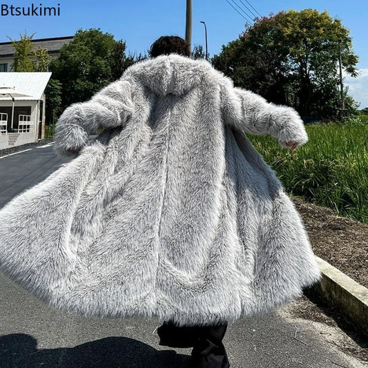 Faux Fur Coats Men's Casual Hooded Jackets Solid Round Neck Full Sleeve Longline Loose Fit Autumn and Winter Thick Warm Jackets