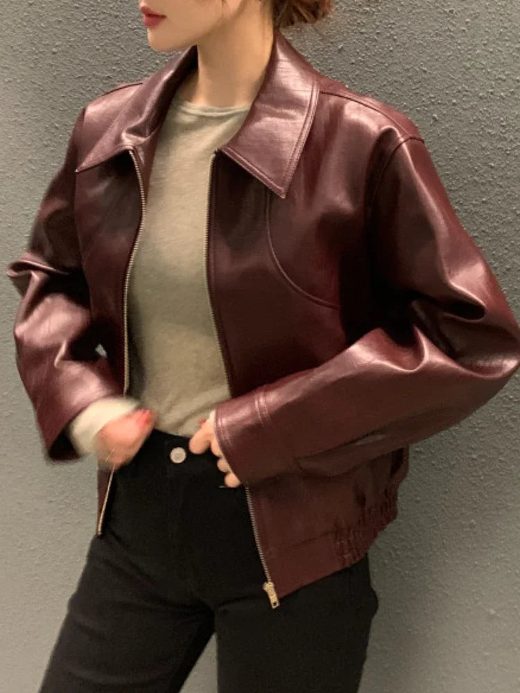 CJFHJE Fashion Trench Leather Jackets Women Streetwear Moto Biker Zipper Leather Jacket Casual High Street Cropped Leather Coats