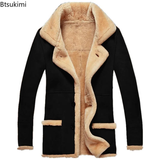 New Men's Faux Fur Jackets Winter Overcoat Thickened Plush Lining Lapel Coldproof European Style Leather Lapel Jacket Coat Male
