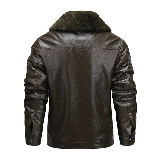 Fur Collar Men Faux Leather Jacket Winter Fleece Lined Biker Jackets Fashion Motorcycle Leather Coat Outwear Casual Streetwear