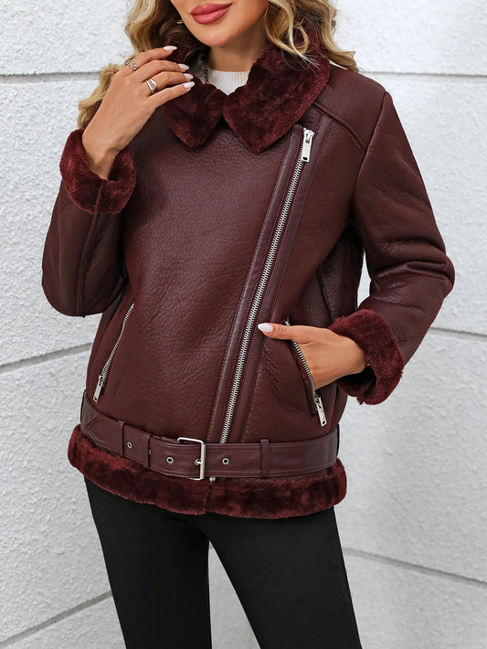 FTLZZ Winter Women Faux Fur Leather Jacket High Street Motorcycle Outwear Casual Lady Thick Warm Leather Jacket
