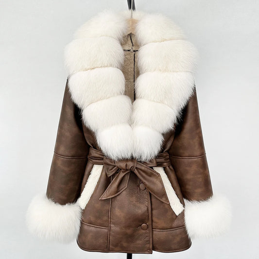 OFTBUY Real Fox Fur Jacket Lamb Fur Ladies 2025 Large Fur Coat Women Faux Leather Jacket New Autumn Winter Warm Outwear Tops
