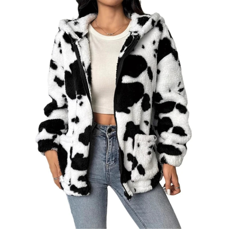 Faux Fur Jacket 2025 Autumn and Winter Printed Casual Zipper Women's Warm Jacket