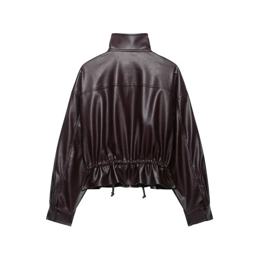 Women's Faux Leather Jacket with Adjustable Waist, Zip Front Short Coat, Retro Biker Style Outerwear for Fall