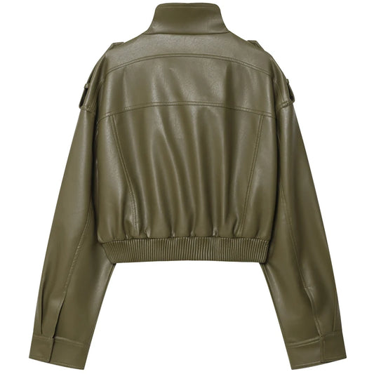 Women's Jacket Faux Leather Jacket Green Women's Demi-Season Jacket Outerwears Women's Autumn New In Coat Windbreaker Streetwear