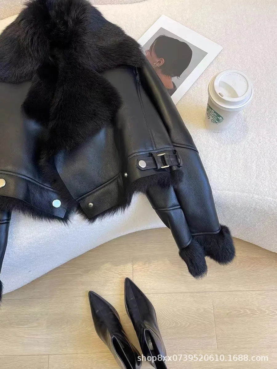 Faux PU Leather Coats Women Fur Collar Coat Thick Warm Short Jackets Spring Streetwear Button Open Stitch Jacket Autumn Winter