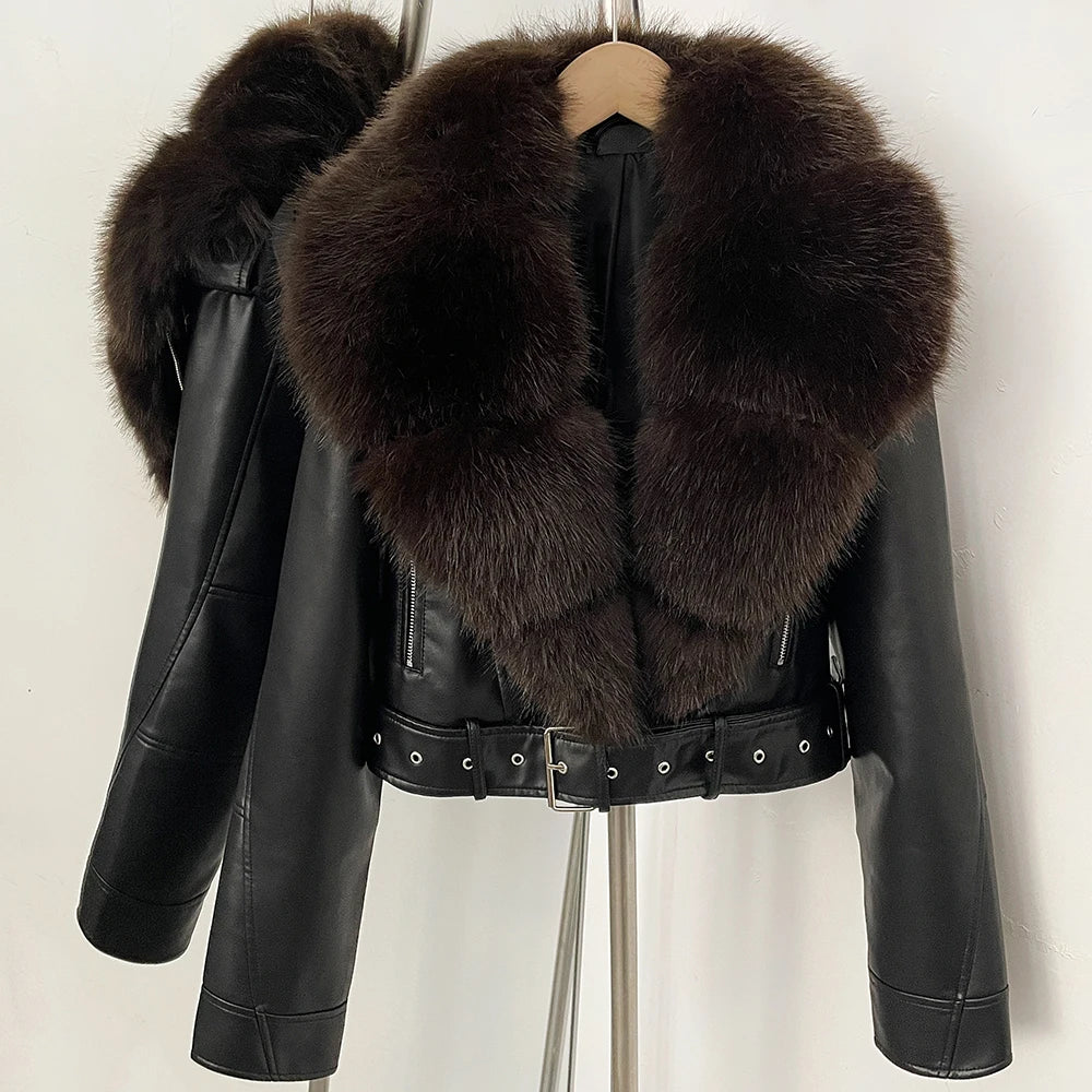 Fur Coat Eco-friendly Long Sleeve Autumn Faux Leather Jacket Short Clothing Female Spring New PU Fur Jacket Artificial Pockets