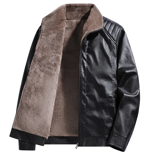 Leather Jacket Man Fleece Lined Winter Jacket Fashion Retro Motorcycle Biker Jacket Faux Leather Coat Outwear Casual Streetwear