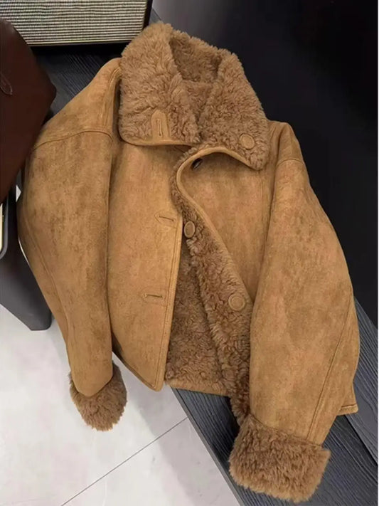 Caramel Lamb Fur Jacket Short Warm Retro Style Integrated Leather And Fur Women's Coat Thickened Straight Cut Daily Wear