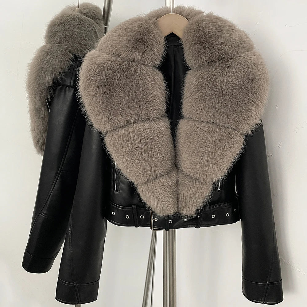Faux Fur Coat Female Autumn Faux Leather Jacket Short Clothing Long Sleeve Spring New PU Fur Jacket Artificial Women Pockets