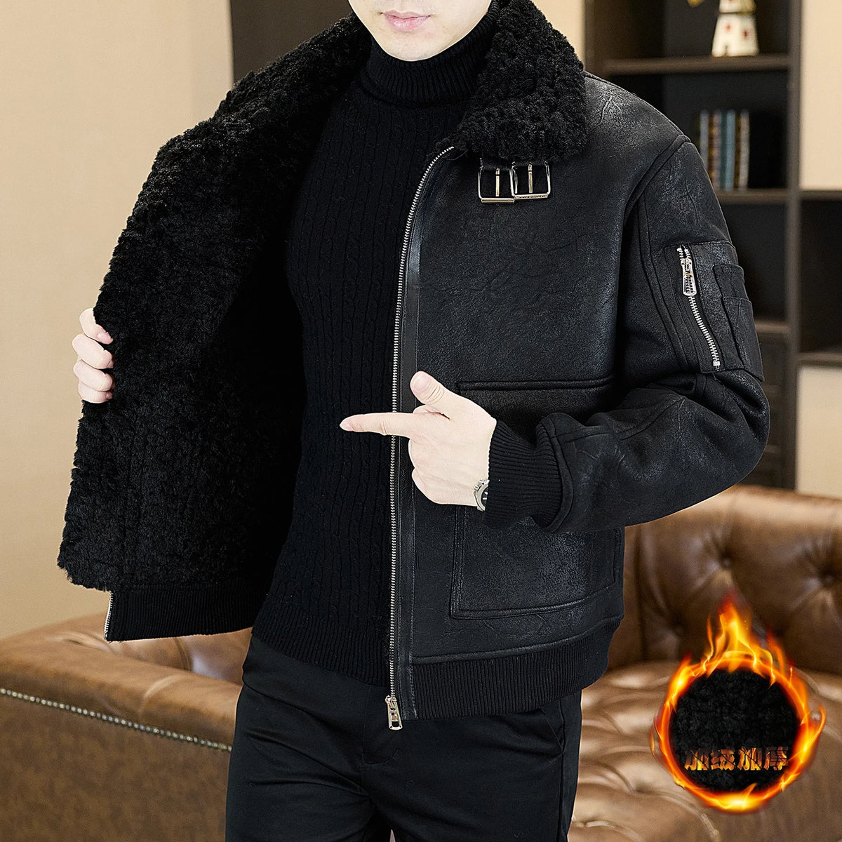 2025 Winter Fur Integrated Leather Jacket Men Thick Velvet Imitation Fur Leather Coat Loose Motorcycle Coat Casual Streetwear