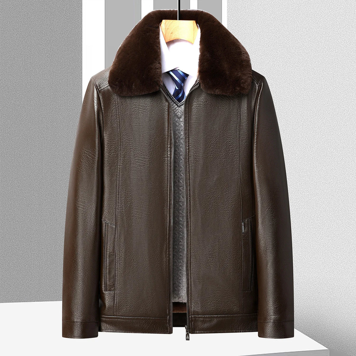 Men's Faux Fur Collar PU Leather Jacket Velvet Thickened Faux Leather Autumn Winter Coat Fleece-Lined Men's Outerwear