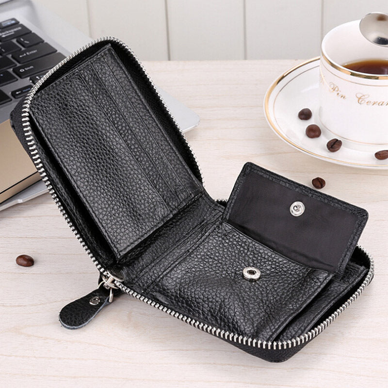 9039 Short Wallet Men's Genuine Leather Wallet Crazy Horse Leather 80% off Wallet Card Holder Black Zipper Coin Wallet