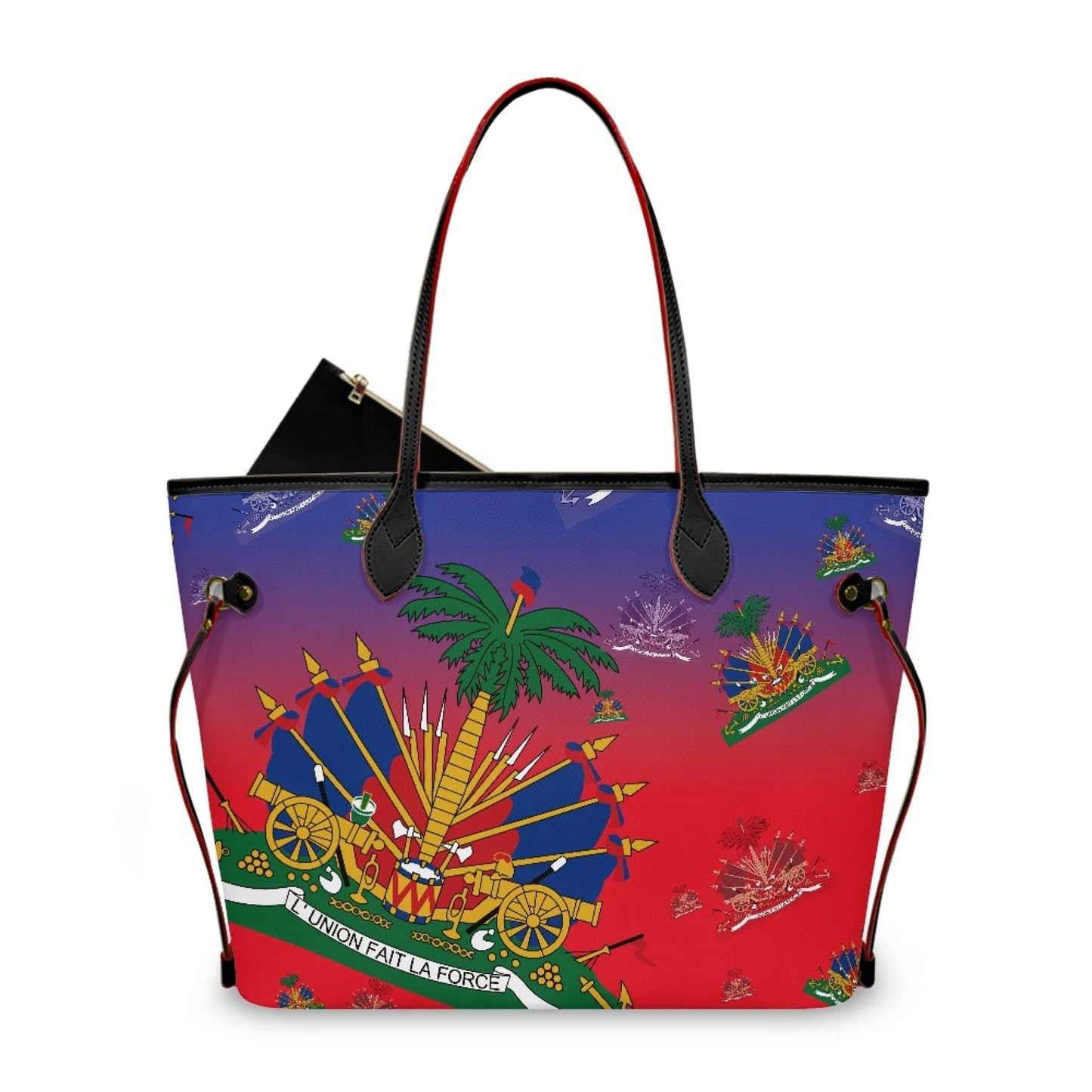 Haitian Flag Printed Leather Tote Bag for Women Large Casual Hobo Handbags with Zipper Pouch Work Daily Weekender Travel Purse