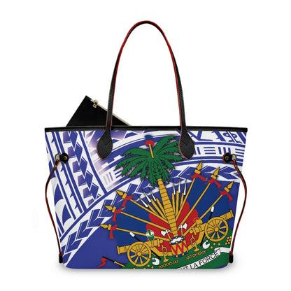 Haitian Flag Printed Leather Tote Bag for Women Large Casual Hobo Handbags with Zipper Pouch Work Daily Weekender Travel Purse