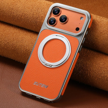 For 17 Pro Max Wireless Charging Animal Handmade Phone Case Magnetic Suction 360 Rotating Stand Finger Ring Buckle Leather