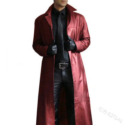 Men Faux Leather Trench Fashion Long Sleeve Autumn Windbreaker Coat Slim Leather Long Leather Jacket Men's Jacket Outwear