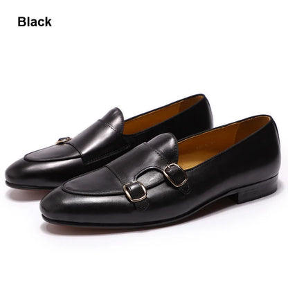 2025 New Genuine Cow Leather Men's Casual Leather Round Toe  Slip-On Loafers Handmade Monk Strap Fashion Shoes for Wedding Shoes