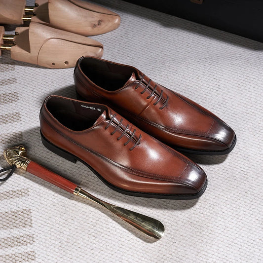 2026 High-End Handmade Men's Genuine Leather Lace-up Flat Dress Oxford Shoes Square Toe Casual Business Daily Use Wedding Spring