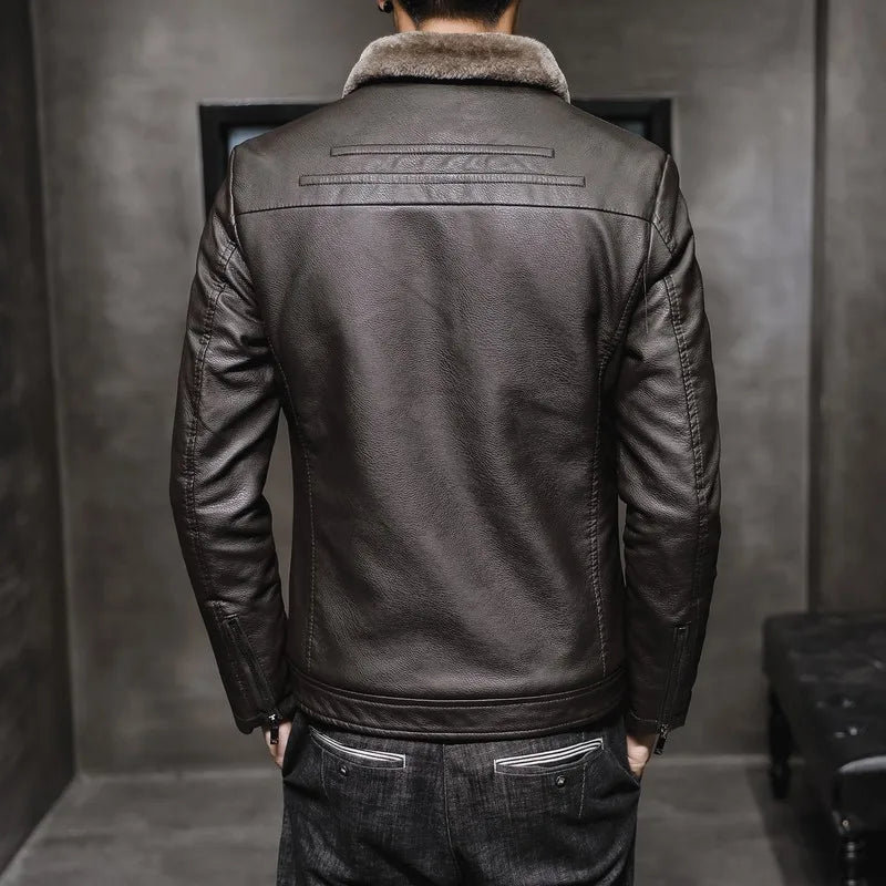 OEM Service Custom Logo Winter Men's Jacket Thick Leather with Faux Fur Collar Windproof Warm Coat Good Quality
