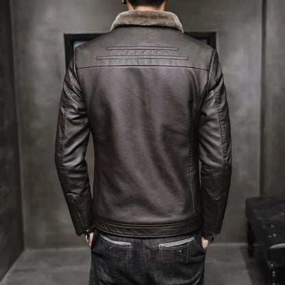 OEM Service Custom Logo Winter Men's Jacket Thick Leather with Faux Fur Collar Windproof Warm Coat Good Quality