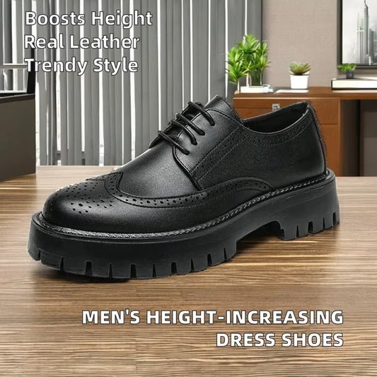 Men's Business Casual Genuine Leather Loafers Thick Soles Height Increasing Outdoor Platform Lace-Up Design Office Dress Winter