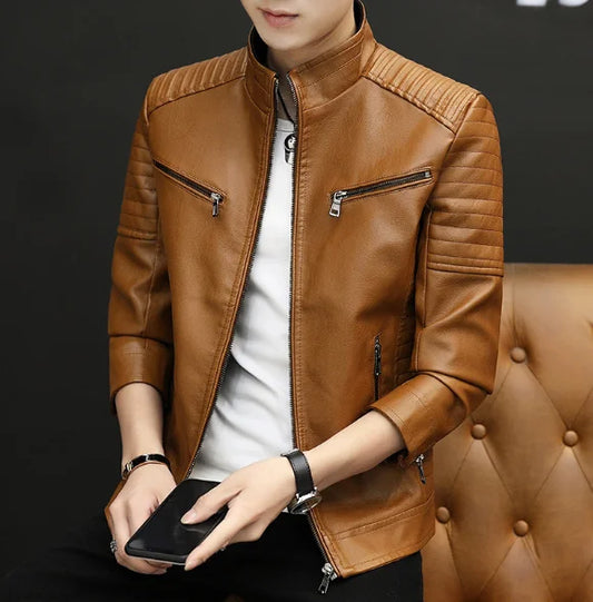 OEM Autumn Winter New Products Men Casual Outwear Stand Collar Faux Leather Motorcycle Jackets Youth Slim PU Coats