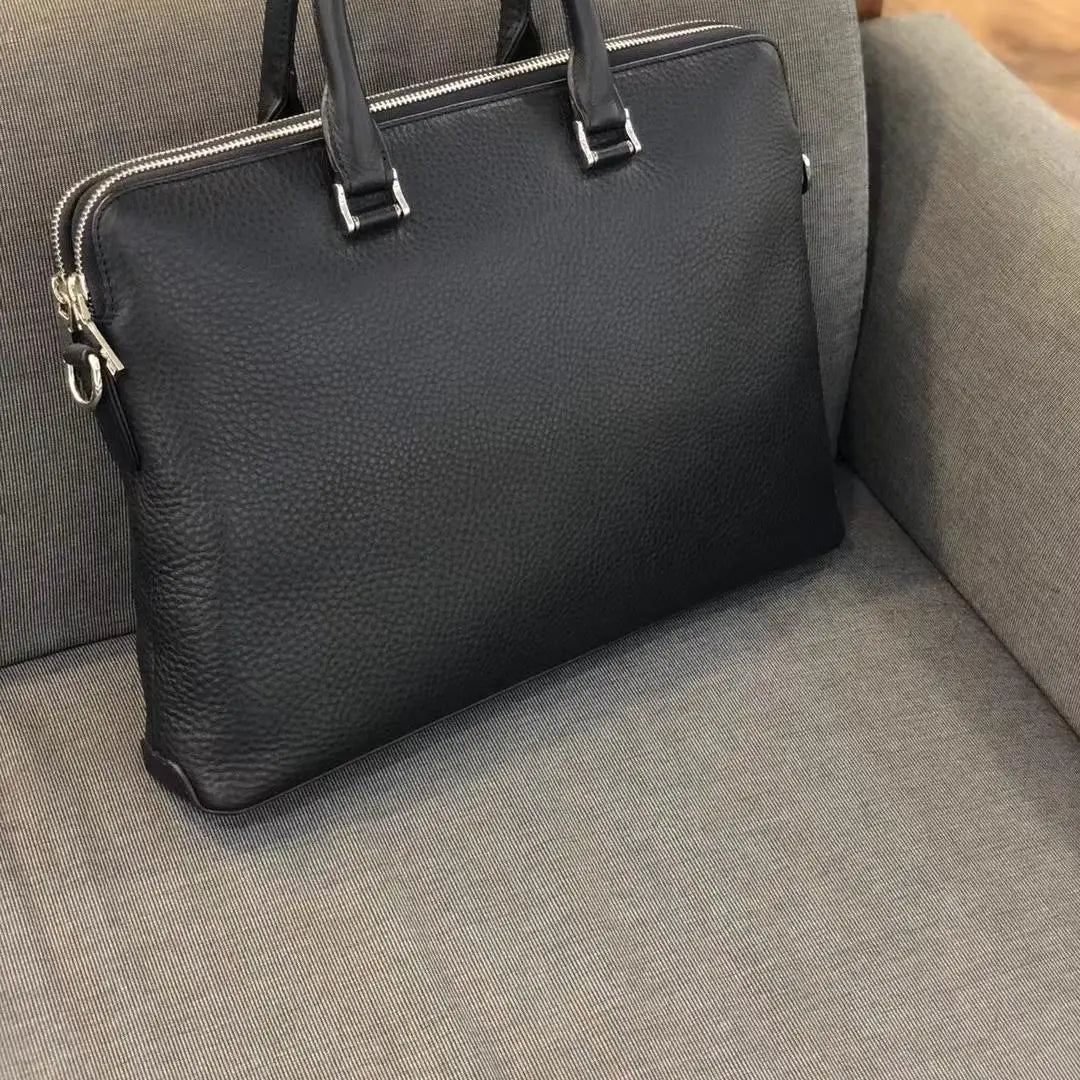 Imported Top Layer Cowhide Men Briefcase Double Zipper Laptop Bag 14 Inch Business Office Shoulder Handbag Slim Genuine Leather