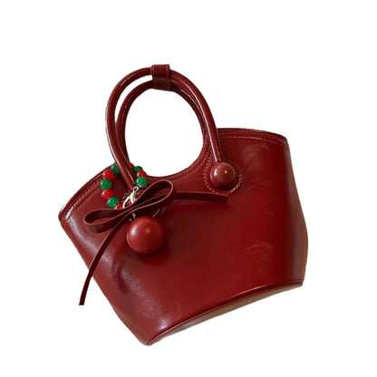 Hot-Selling Cherry Love Women's Handheld Bucket Bag Zipper Closure PU Leather Polyester Lining Daily Use Southern Style Single