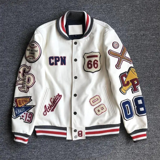 New Arrival Men's Leather Baseball Jacket Autumn & Winter Long Sleeve PU Leather Coat Embroidered Top Jacquard Trendy Sports