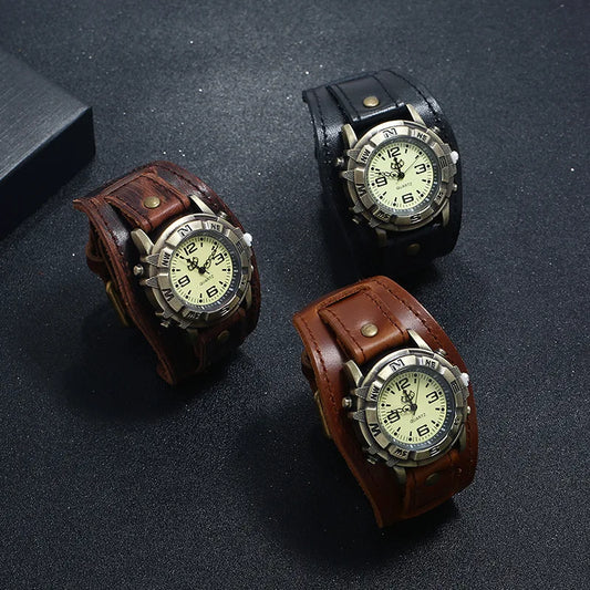 Punk Style Men's and Women's Retro Fashion 45mm Round Alloy Case Glass Dial Pointer Quartz Watch Luxury Leather Bracelet
