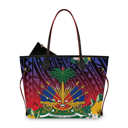 Haitian Flag Printed Leather Tote Bag for Women Large Casual Hobo Handbags with Zipper Pouch Work Daily Weekender Travel Purse