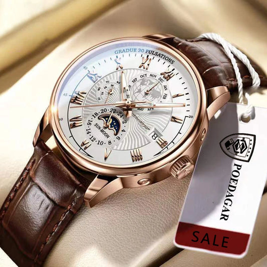 POEDAGAR Top Men's Watches Waterproof Genuine Leather Calendar Luminous Wristwatches for Sport Business Fashion Reloj Relogio