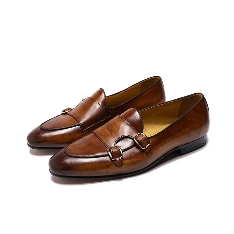 2025 New Genuine Cow Leather Men's Casual Leather Round Toe  Slip-On Loafers Handmade Monk Strap Fashion Shoes for Wedding Shoes