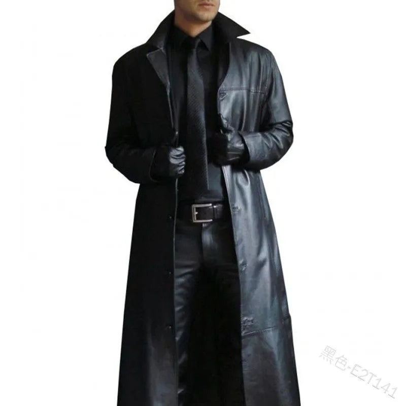 Men Faux Leather Trench Fashion Long Sleeve Autumn Windbreaker Coat Slim Leather Long Leather Jacket Men's Jacket Outwear