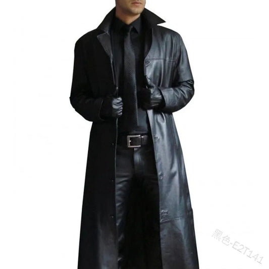 Men Faux Leather Trench Fashion Long Sleeve Autumn Windbreaker Coat Slim Leather Long Leather Jacket Men's Jacket Outwear