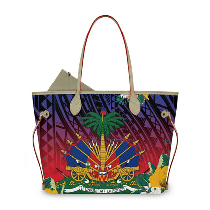 Haitian Flag Printed Leather Tote Bag for Women Large Casual Hobo Handbags with Zipper Pouch Work Daily Weekender Travel Purse